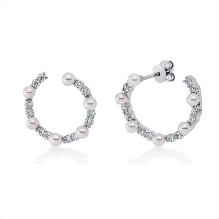 Ohrstecker Weißgold 18kt 0,60 Diamantschmuck mit 24 Diamanten Zuchtperle 3 mm - 2V022