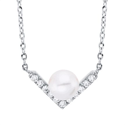 Collier Weißgold 18kt 0,08 Diamantschmuck mit 11 Diamanten Süßwasserperle 5,7 mm - 4O934