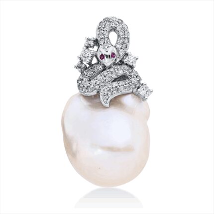 Anhänger Weißgold 18kt 0,76 Diamantschmuck Farbstein 0,02 ct Zuchtperle, barock 16 mm - 3I249